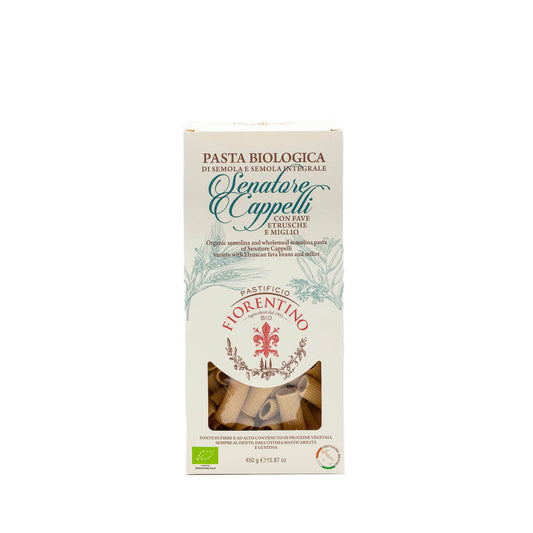 Rigatoni di semola integrale Senatore Cappelli con fave etrusche e miglio - 450gr